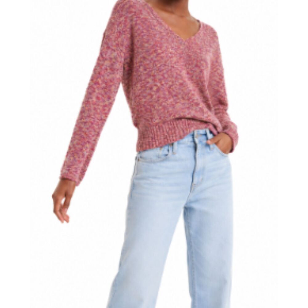 J. Crew Womens XS Pink Flared Sleeve Marled V Neck Sweater